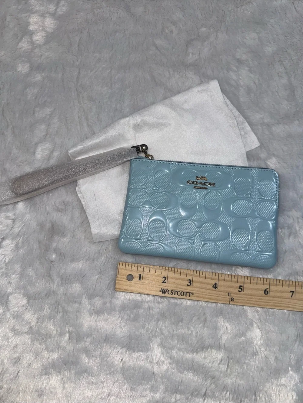 Coach Glossy Signature Patent Wristlet in Light Blue